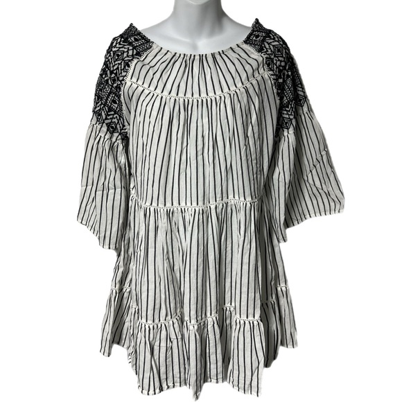 Free People Black White Striped Lola Embroidered Mini Dress XS Boho Oversized - Picture 4 of 12